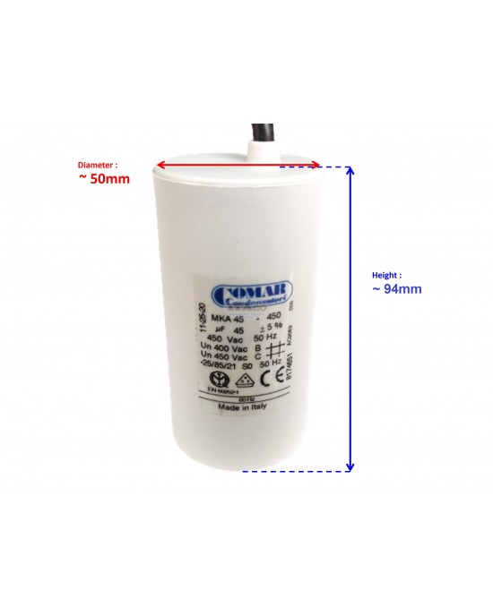 Made in Italy Motor Electrolytic Comar Condenser Capacitor Wire Type MKA 42.75UF ~ 45UF ~ 47.25UF 43uF 44uF 46uF 47uF 450V Vac Made in Italy Motor Electrolytic Comar Condenser Capacitor Wire Type MKA 42.75UF ~ 45UF ~ 47.25UF 43uF 44uF 46uF 47uF 450V Vac