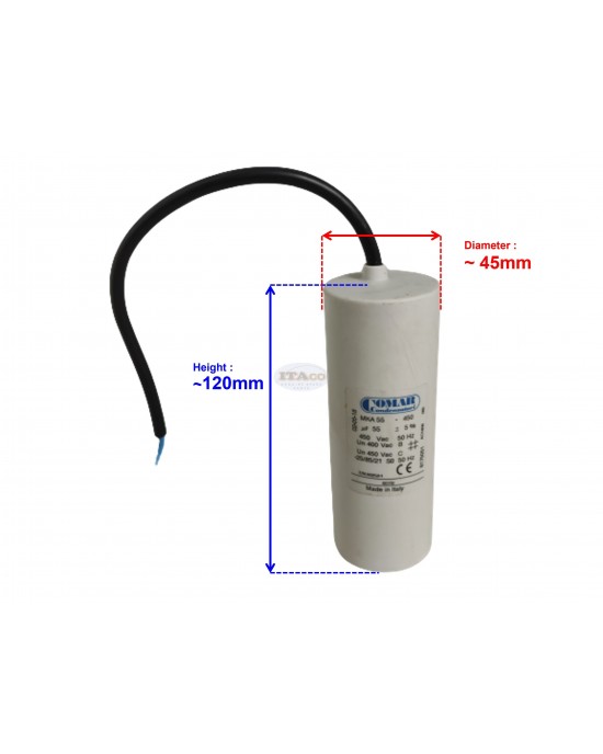 Made in Italy Motor Electrolytic Comar Condenser 55UF Capacitor Wire Type MKA 55 UF - 52.3UF ~ 57.75UF 53UF 54UF 56UF 57UF 450V Vac