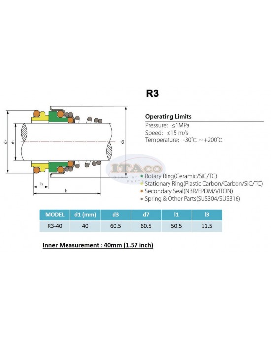 Mechanical Water Pump Seal Kit Blower Diving Circulating TS 155 40MM 1.575 " inch R3 Rotary Ring Plastic Carbon SiC TC Spring Stationary Ring Cermaic Seal Engine
