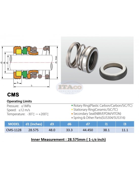 Mechanical Water Pump Seal WIN 1 1/8" 1.125 inch  28.575MM Blower Diving Circulating TS560A Rotary Ring Plastic Carbon SiC TC Spring Stationary Ring Cermaic Seal CMS Engine