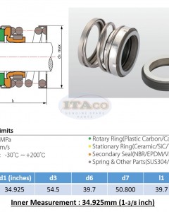 Mechanical Water Pump Seal WIN 1 3/8" 34.925MM Secondary Seal Ceramic Ring 51MM Blower Diving Circulating TS560A Rotary Ring Plastic Carbon SiC TC Spring Cermaic Seal CMS Engine